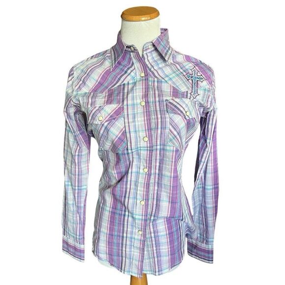 NWT Womens Cavenders Cowgirl Hardware Cross Embellished Pearl Snap Shirt - Sz S - Picture 1 of 3